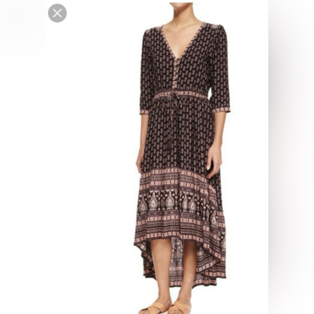 Spell & The Gypsy Boho High Low Maxi Dress XS Purple Pink Border Print 3/4 Sleev
